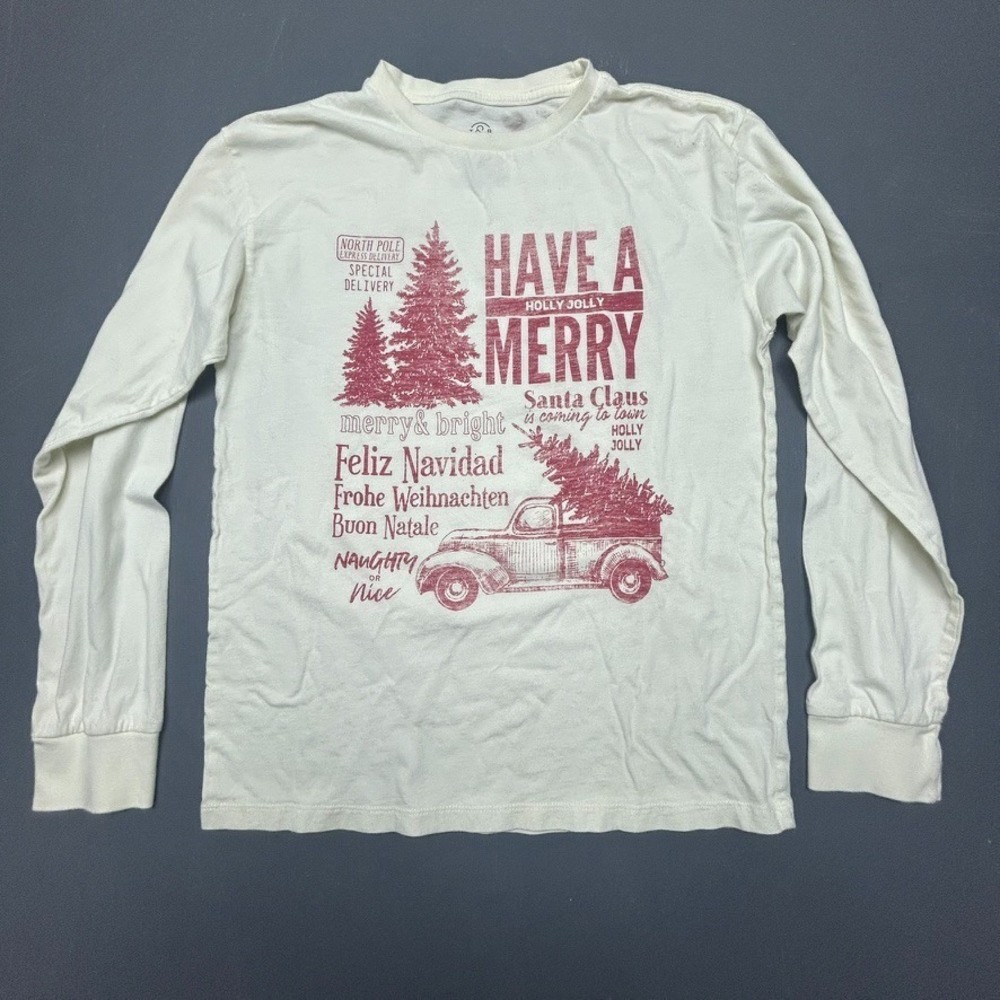 T&B Long Sleeve T Shirt Kids Boys XL 14-16 Cream Merry Christmas Graphic Cotton